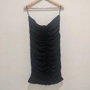 Black Strapless Ruched Polka Dot Dress